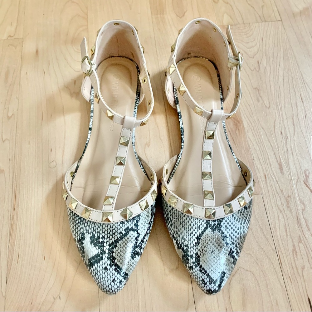 Snakeskin Pointy Toe Flats With Studs